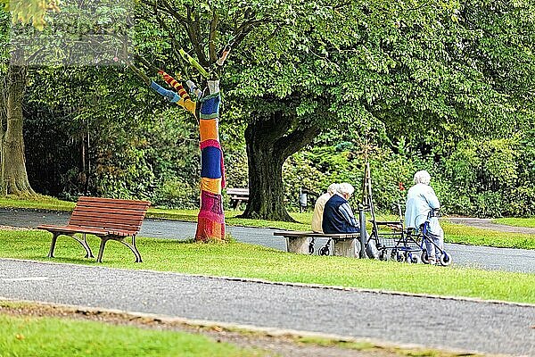 Drei Seniorinnen auf einer Parkbank  daneben ein Baum wo der Stamm in Patchworkstiel verkleidet wurde