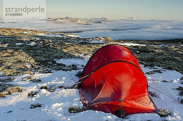 Zelt im Engerdalsfjellet mit Blick auf den Berg Rendalssölen  Hedmark Fylke  Norwegen  Biwak  Hedmark  Norwegen  Europa