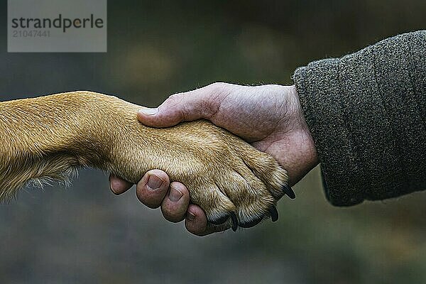 Menschliche Hand hält Hundepfote. Generative KI  AI generiert  KI generiert