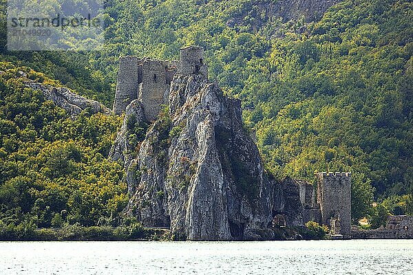 Blick auf die Burg an der Donau auf der serbischen Seite gegenüber von Coronini  Donaulandschaft  Naturpark Eisernes Tor  Rumänien  Europa