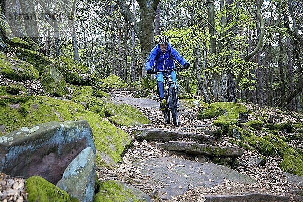 Mountainbiker auf einem verblockten Trail der Schwierigkeitsskala S 2 im Pfälzerwald