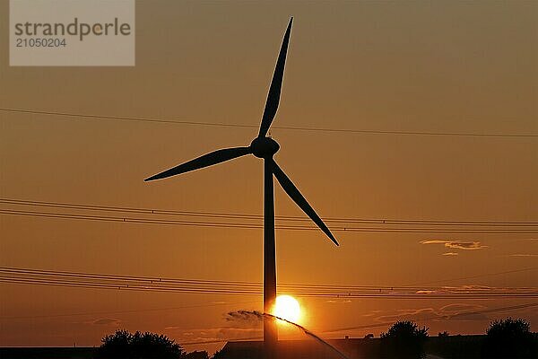 Sonnenuntergang  Windkraftwerk  Feldbewässerung  Silhouetten  Melbeck  Samtgemeinde Ilmenau  Niedersachsen  Deutschland  Europa