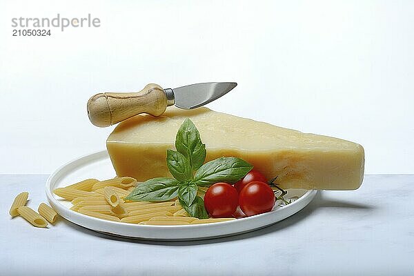 Ein Stück Parmesankäse mit Käsemesser  Teigwaren und Tomaten  Italien  Europa