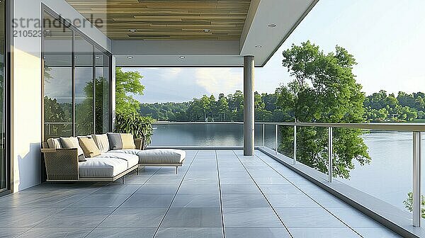 Atemberaubender und geräumiger Balkon eines luxuriösen modernen Hauses mit Blick auf einen schönen See. AI generiert  KI generiert