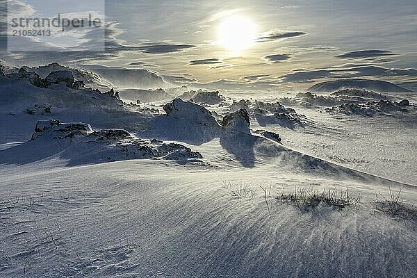 Erstarrte Lava und Steine im Schneesturm  windig  sonnig  Gegenlicht  Myvatn  Island  Europa