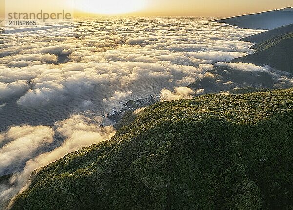 Luftaufnahme des Sonnenaufgangs über Wolken und grünen Hügeln am Berg Fanal  Insel Madeira  Portugal  Europa