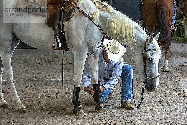 Oklahoma City  Oklahoma  Ein Rodeo Teilnehmer kümmert sich um sein Pferd beim Great Plains Rodeo  einem jährlichen Rodeo für Schwule  das traditionelle Rodeo Wettbewerbe bietet und gleichzeitig die Kameradschaft der LGBTQ Gemeinschaft betont