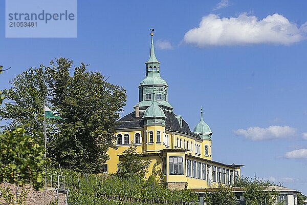 Weingut am Goldenen Wagen. Das Spitzhaus ist ein ehemaliges Lusthaus in der sächsischen Stadt Radebeul. Das weithin sichtbare Gebäude liegt auf der Hangkante des Elbtalkessels über der Hoflößnitz im Stadtteil Oberlößnitz. Das denkmalgeschützte (1) Wahrzeichen Radebeuls in der Spitzhausstraße 36 dient auch nach der Sanierung und Wiedereröffnung im Jahr 1997 als Ausflugsgaststätte mit einem weiten Ausblick über das Elbtal und bis nach Dresden.  Weinhänge in Radebeul  Radebeul  Sachsen  Deutschland  Europa