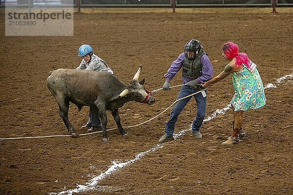 Oklahoma City  Oklahoma  The Great Plains Rodeo  ein jährlich stattfindendes Rodeo für Schwule  bei dem traditionelle Rodeowettbewerbe stattfinden und gleichzeitig die Kameradschaft der LGBTQ Gemeinschaft betont wird. Beim Wild Drag Racing müssen drei Personen einen Ochsen über eine Linie ziehen und der Teilnehmer im Schlepptau muß ihn dann wieder über die Linie reiten