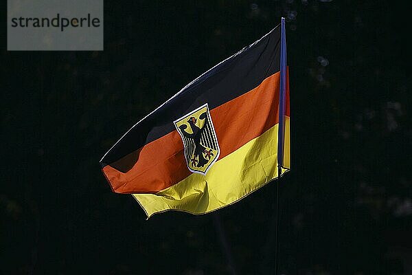 Symbolfoto. Die Nationalflagge der Bundesrepublik Deutschland mit einem Bundesadler weht im Gegenlicht im Wind. Berlin  21.08.2024