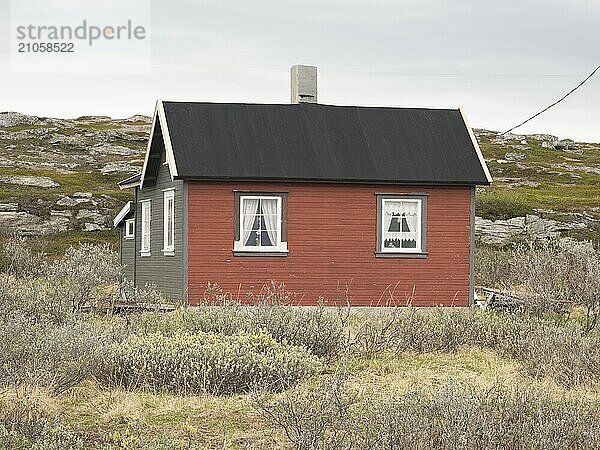 Ferienhaus am Ufer des Eismeeres  neben der Stadt Nesseby  Mai  Varangerfjord  Finnmark  Norwegen  Europa