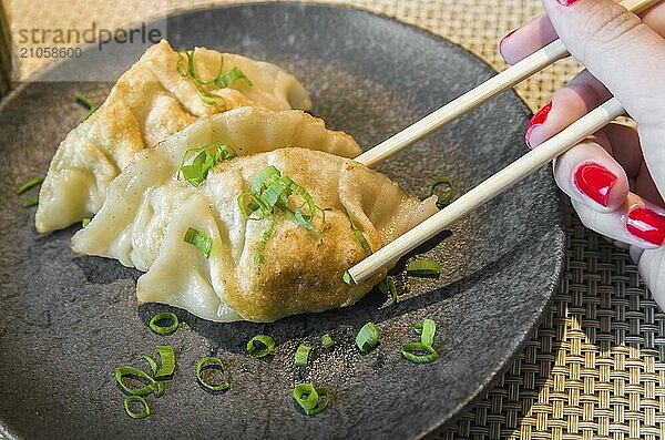 Schöne Gyoza oder Knödel Snack mit Sojasauce  selektiver Fokus  Kopie Raum