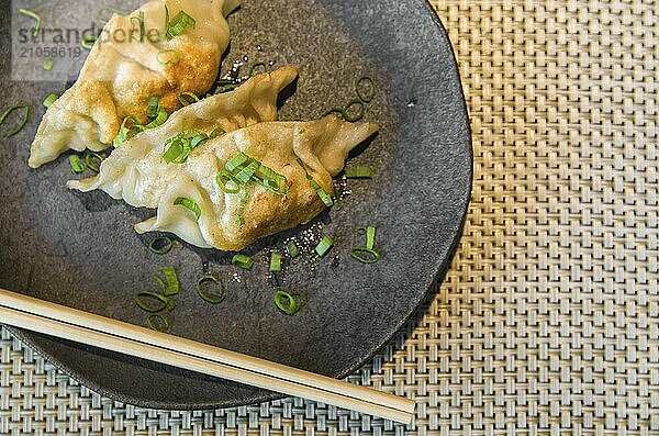 Schöne Gyoza oder Knödel Snack mit Sojasauce  selektiver Fokus  Kopie Raum