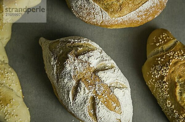 Schönes Sauerteigbrot auf grauem Hintergrund mit getrockneter Weizenblüte