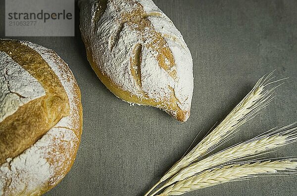 Schönes Sauerteigbrot auf grauem Hintergrund mit getrockneter Weizenblüte