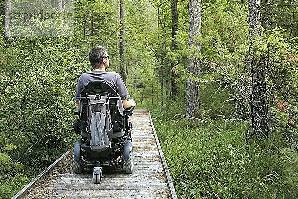 Glücklicher Mann im Rollstuhl in der Natur. Erkundung der Waldwildnis auf einem zugänglichen Feldweg