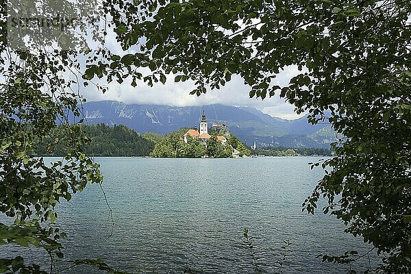 Bleder See Slowenien. Schöne Bergsee im Sommer mit kleinen Kirche auf einer Insel mit Schloss auf Klippe und europäischen Alpen im Hintergrund