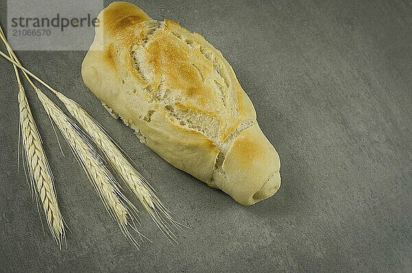 Schönes Sauerteigbrot auf grauem Hintergrund mit getrockneter Weizenblüte