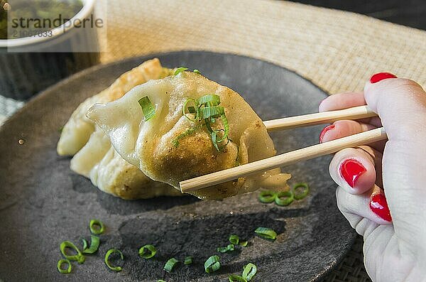 Schöne Gyoza oder Knödel Snack mit Sojasauce  selektiver Fokus  Kopie Raum