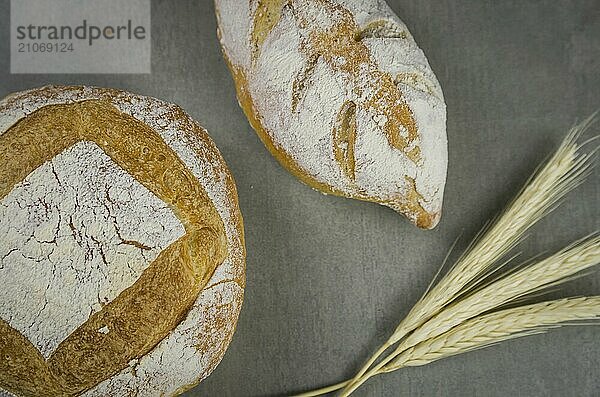 Schönes Sauerteigbrot auf grauem Hintergrund mit getrockneter Weizenblüte