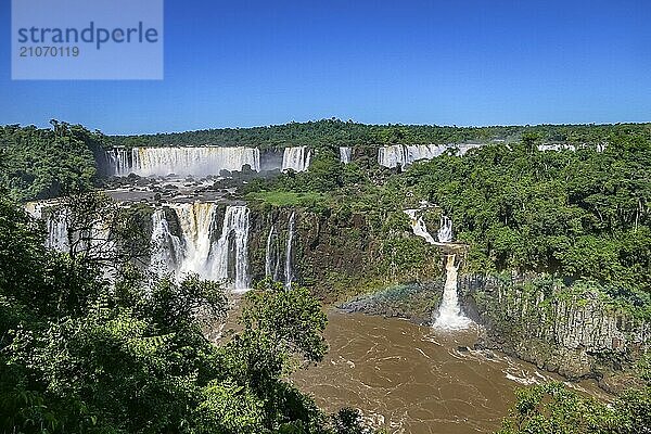 Blick auf die spektakulären Iguazu Wasserfälle mit der Insel San Martin  dem Salto Tres Mosqueteros (Drei Musketiere) und dem Salto Rivadavia im Sonnenschein  Argentinien  Südamerika