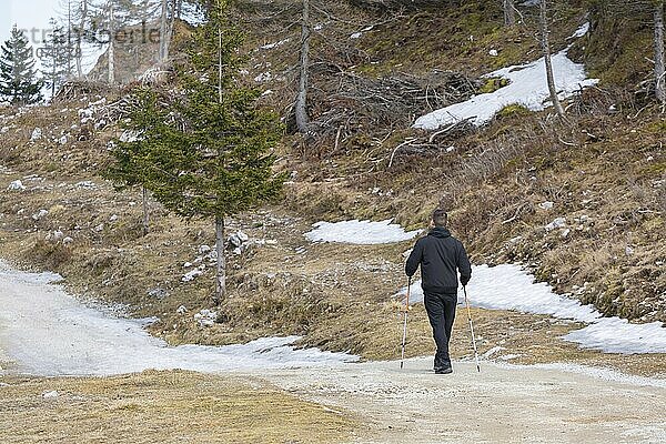 Lässiger und aktiver gesunder Mann beim Wandern in den alpinen Bergen mit Trekkingstöcken