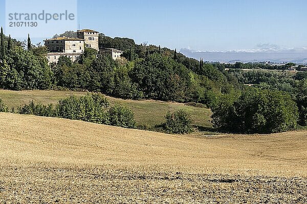 Schöne Aussicht auf die toskanische Landschaft und Sehenswürdigkeiten. Traubenfelder und Olivenöl. Von Montalcino über Montepulciano bis Siena. Sommer in Italien