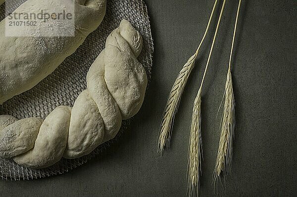 Gärendes Sauerteigbrot  grauer Hintergrund mit getrockneter Weizenblüte