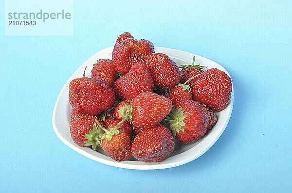 Erdbeeren auf einem Teller auf blauem Hintergrund