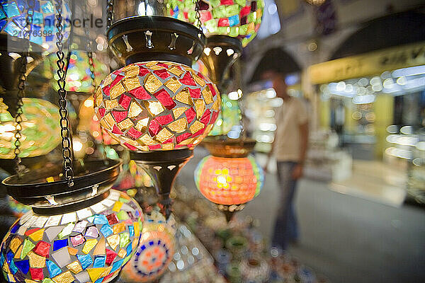 A close-up of a traditional stained glass turkish lamp in the Grand Bazaar (Kapali Carsi)  Istanbul  Turkey.