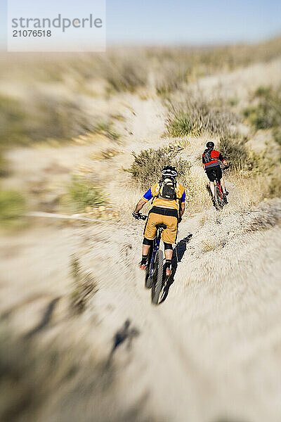 Two men mountain biking desert singletrack.