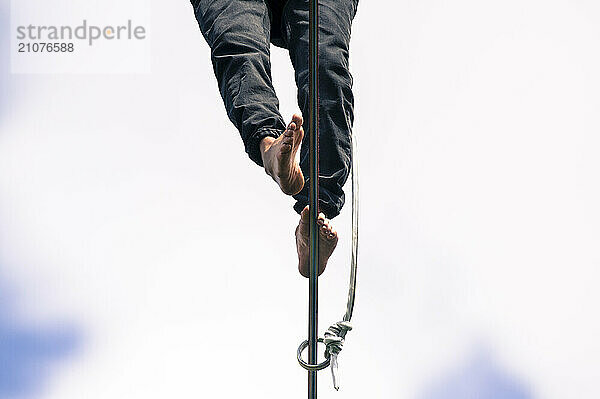 Highliner balancing on tightrope  Charleroi  Wallonia  Belgium