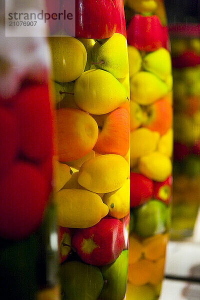 Colorful jars of fruit.