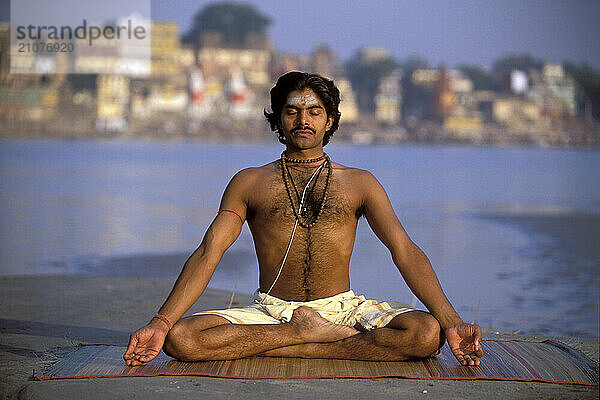 An Indian Yogi in Lotus Position  Varanasi  India.