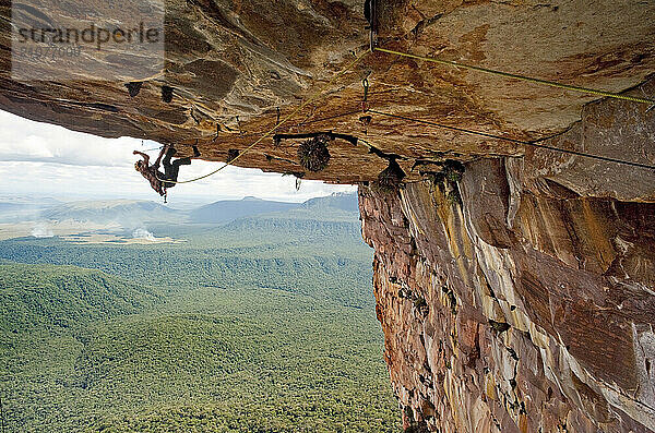 Rock climber hanging from rock ceiling  Amury Tepui  Bolivar  Venezuela