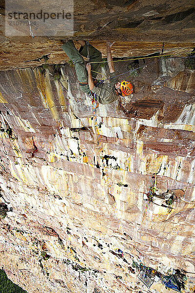 Man climbing rock ceiling at Apichavai