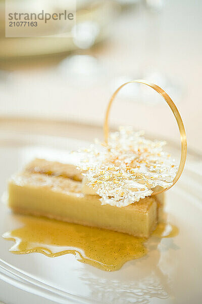 A delicate apricot desert with spun sugar from a 5-star restaurant in Las Vegas.