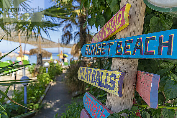 View of colourful sign in Thassos Town  Thassos  Aegean Sea  Greek Islands  Greece  Europe