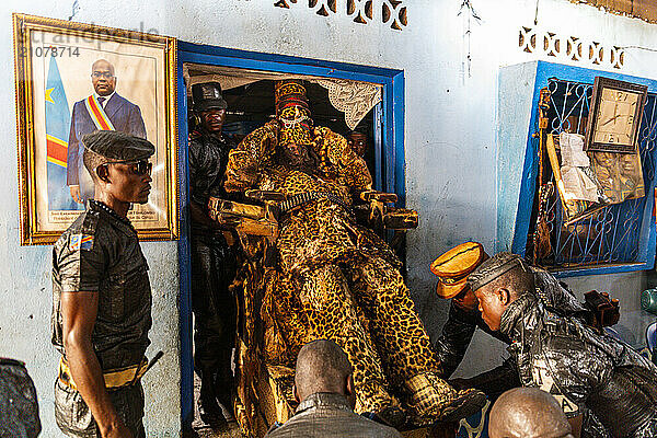 Spiritual leader dressed in leopard skin in the Church of Black People in Mbandaka  Equateur province  Democratic Republic of Congo  Africa