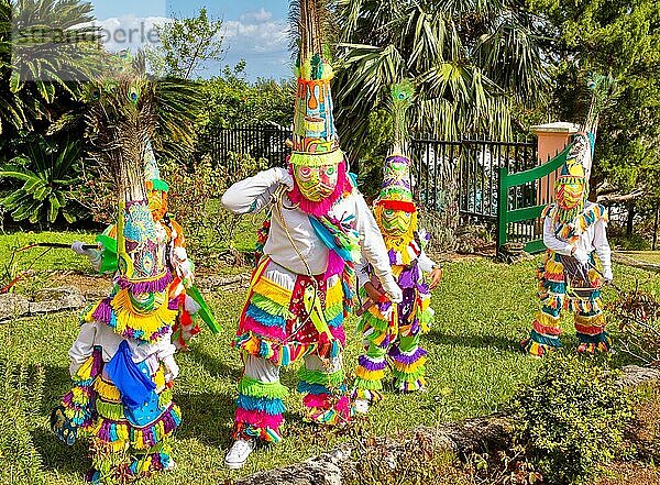 Gombey dancers  traditional performers  in troupes of 10 to 20  of a blend of Native American  Caribbean and British culture  dancing to a powerful drum beat  Bermuda  Atlantic  North America