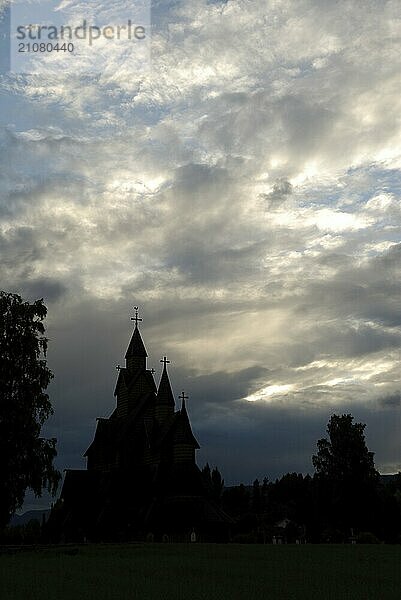 Silhouette of Heddal Stave Church  Notodden  Telemark  Norway  Europe