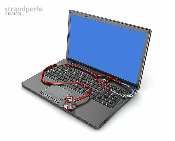 Laptop und Stethoskop  Dies ist ein 3d Rendered Computer Generated Image. vor weißem Hintergrund