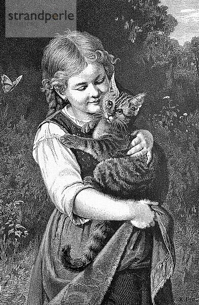 Little girl holds a pet cat in her arms  A girl hugs a cat in a black and white illustration  in a forest background with butterflies  Historic  digitally restored reproduction from a 19th century original  Record date not stated