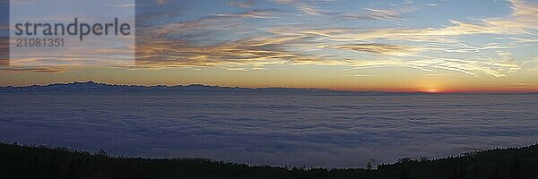 Sonnenuntergang in ein Nebelmeer über dem Bodensee  Inversionswetterlage mit Alpenblick