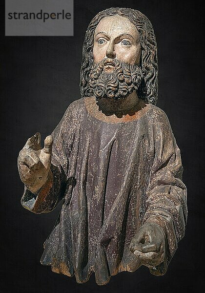 Palmeselfigur Jesus  um 1470  auf dunklem Grund  nur noch der Korpus vorhanden  Strigel Museum  Martin-Luther-Platz 1  Memmingen  Schwaben  Bayern