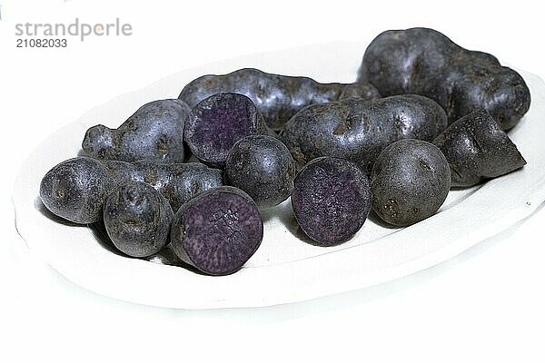 Trüffelkartoffel  Vitelotte  Blauviolette Kartoffeln auf weißem Hintergrund