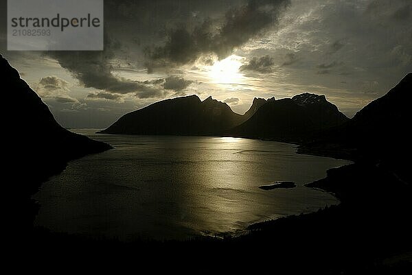 Midnight sun at Bergsbotn  Senja  Troms  Norway  Europe