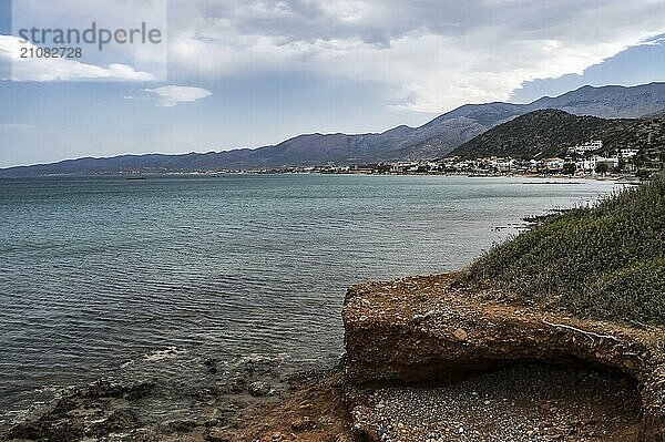 View of the coast and the beach of Stalis in the north of the island of Crete in Greece