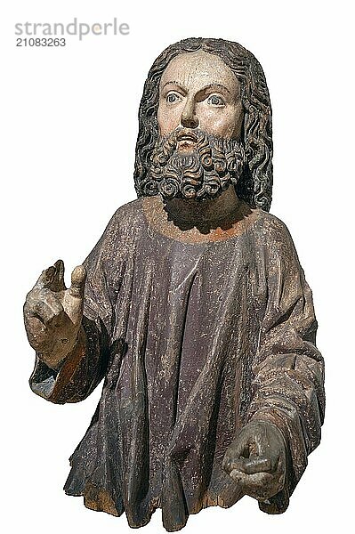 Palmeselfigur Jesus  um 1470  auf weißem Grund  nur noch der Korpus vorhanden  Strigel Museum  Martin-Luther-Platz 1  Memmingen  Schwaben  Bayern