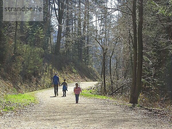 Mutter mit Sohn und Tochter beim Wandern und Spaß haben und zusammen glücklich sein und die Hände halten. Familienausflug in einem Wald im Frühling